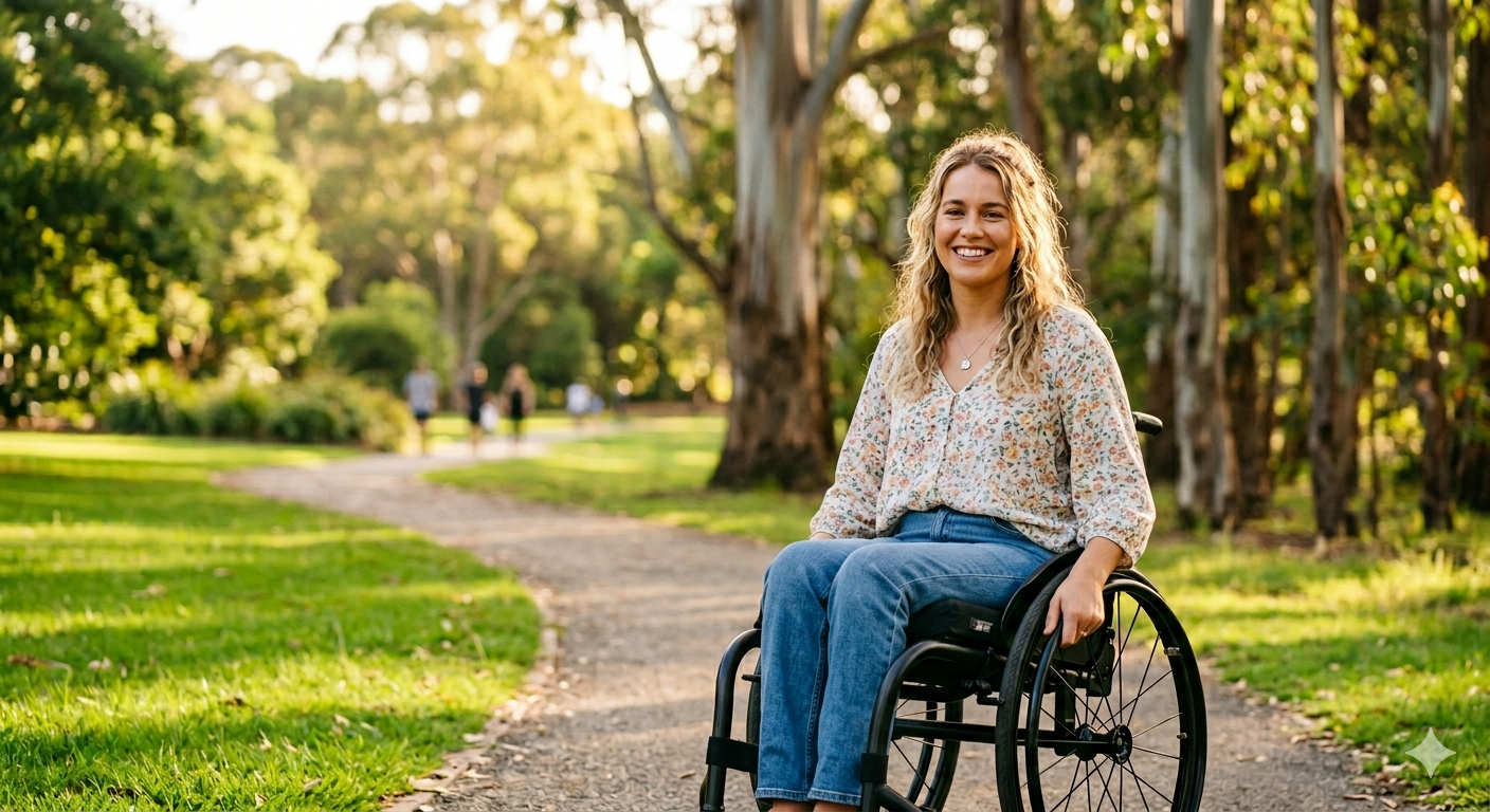 Smiling woman in a wheelchair enjoying a sunny day in an Australian park